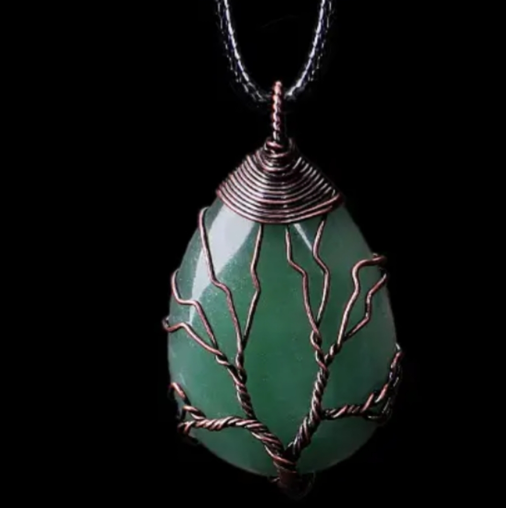 18" Adjustible Leather Necklace Wire Wrapped Tree  Life Natural Green Aventurine